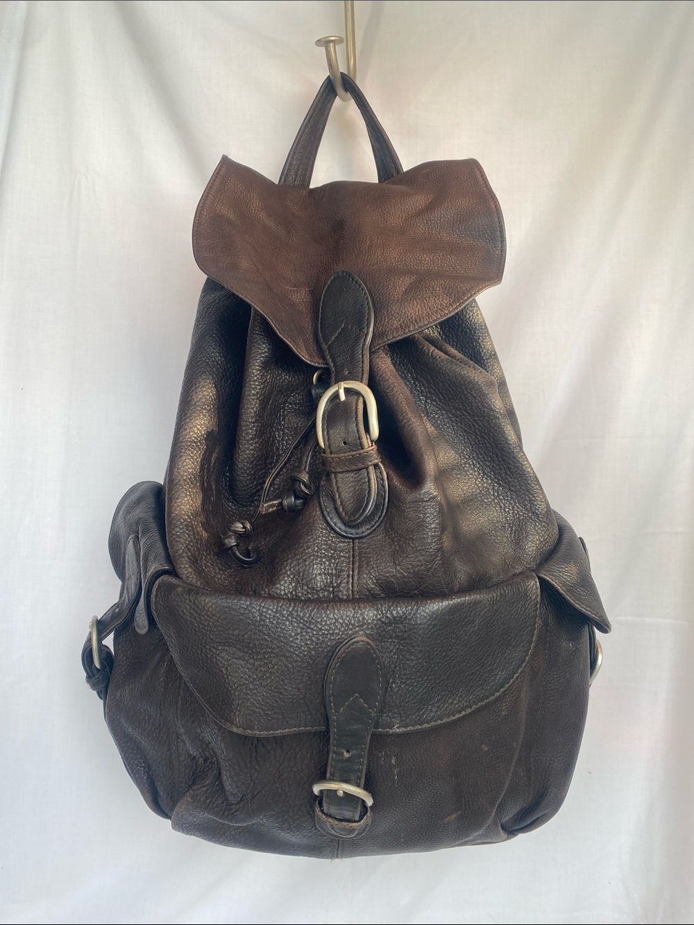 London Fog Dark Brown Leather Backpack with Buckle Closure Drawstring